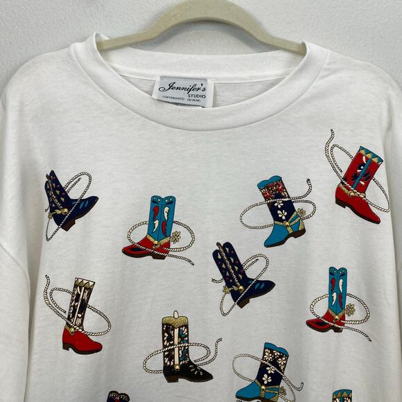 VTG Country Boot Graphic White Embellished Oversized T-Shirt - Picture 7 of 10
